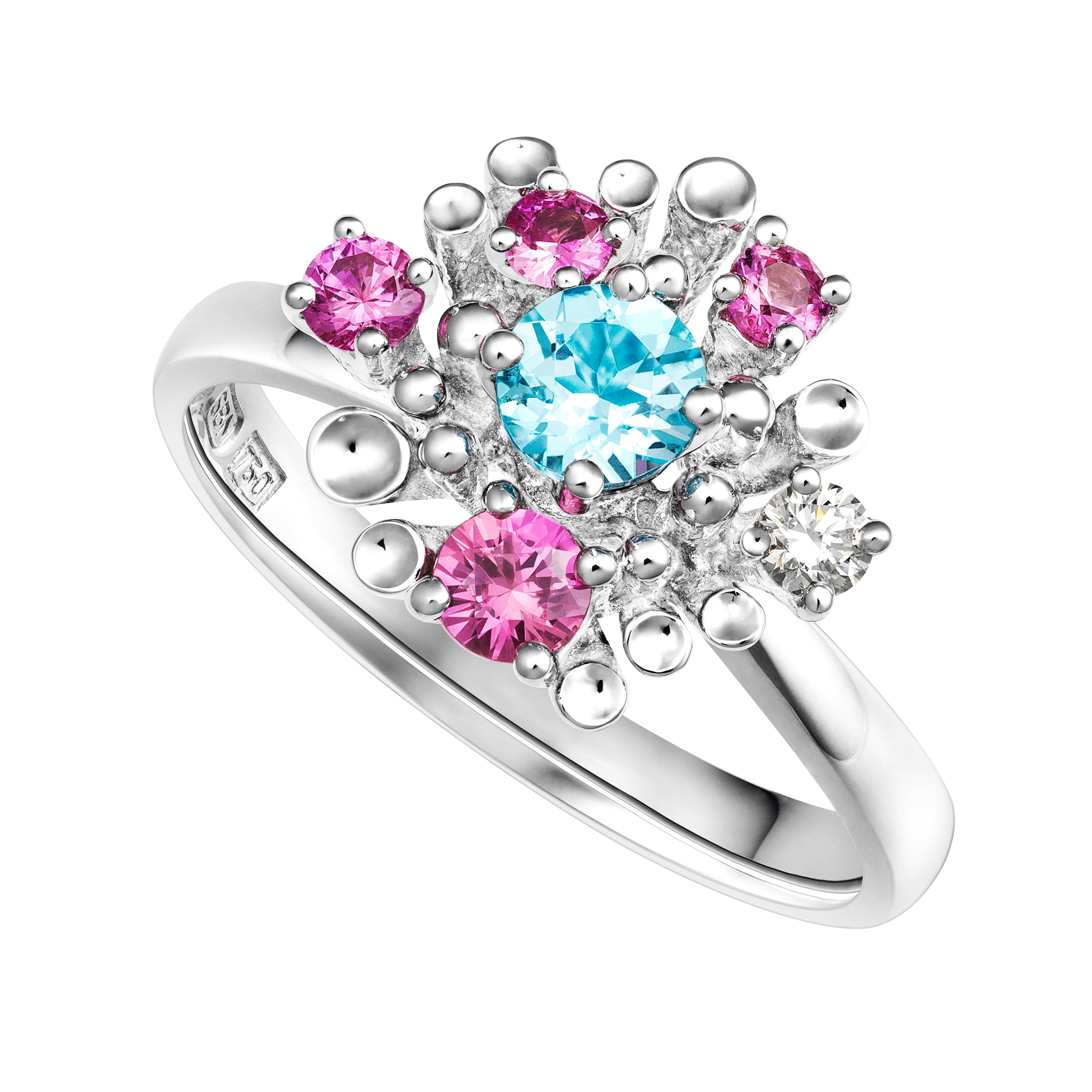 Dita Blue Topaz, Pink Sapphire and Diamond Ring